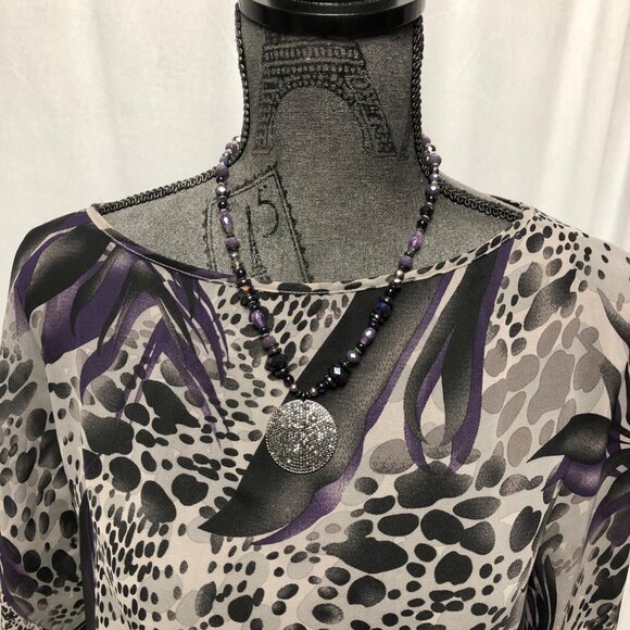 Miley Cyrus Max Azria Top Womens Size Medium Black Purple Sheer Animal Print - Picture 2 of 6